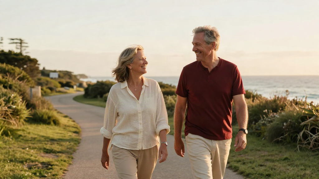Illustration of a mature couple enjoying a coastal walk together.