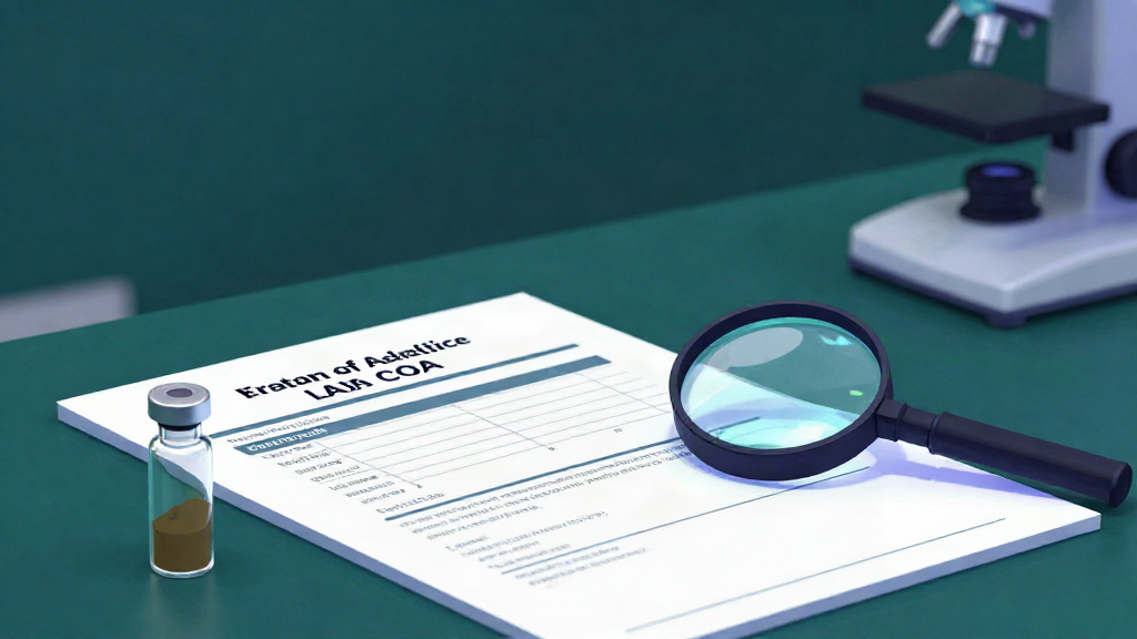 Kratom lab report (COA) being reviewed with a magnifying glass